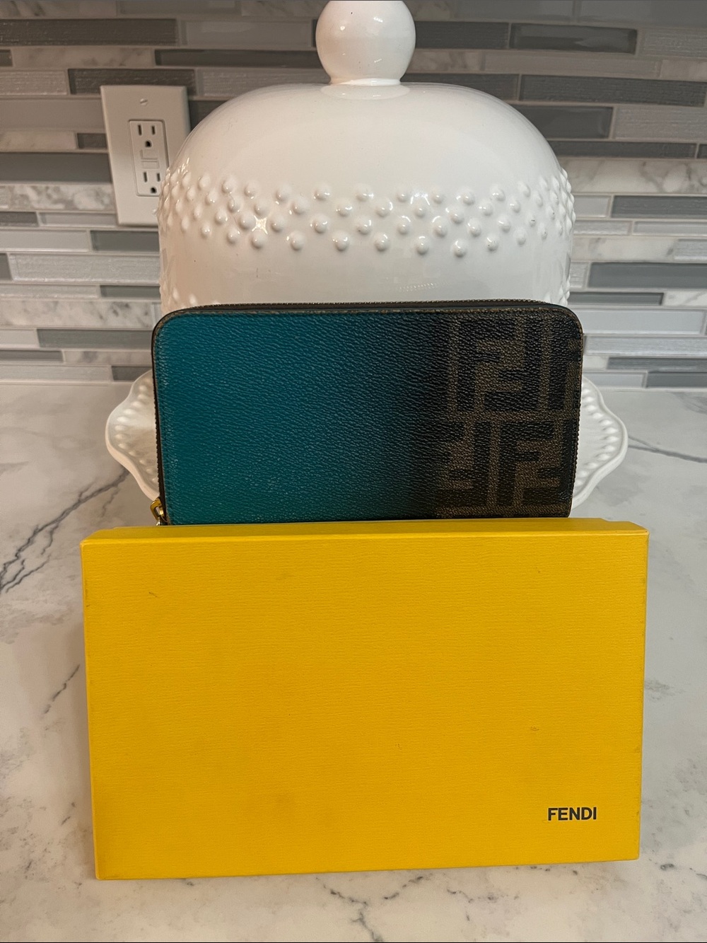 Fendi Teal and Brown Zip-Around Wallet with FF Motif